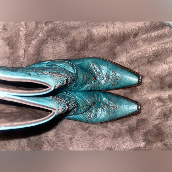 💎PECOS BILL Turquoise Leather Western Cowgirl Boots Embroidery Crosses 8.5 - Picture 8 of 16